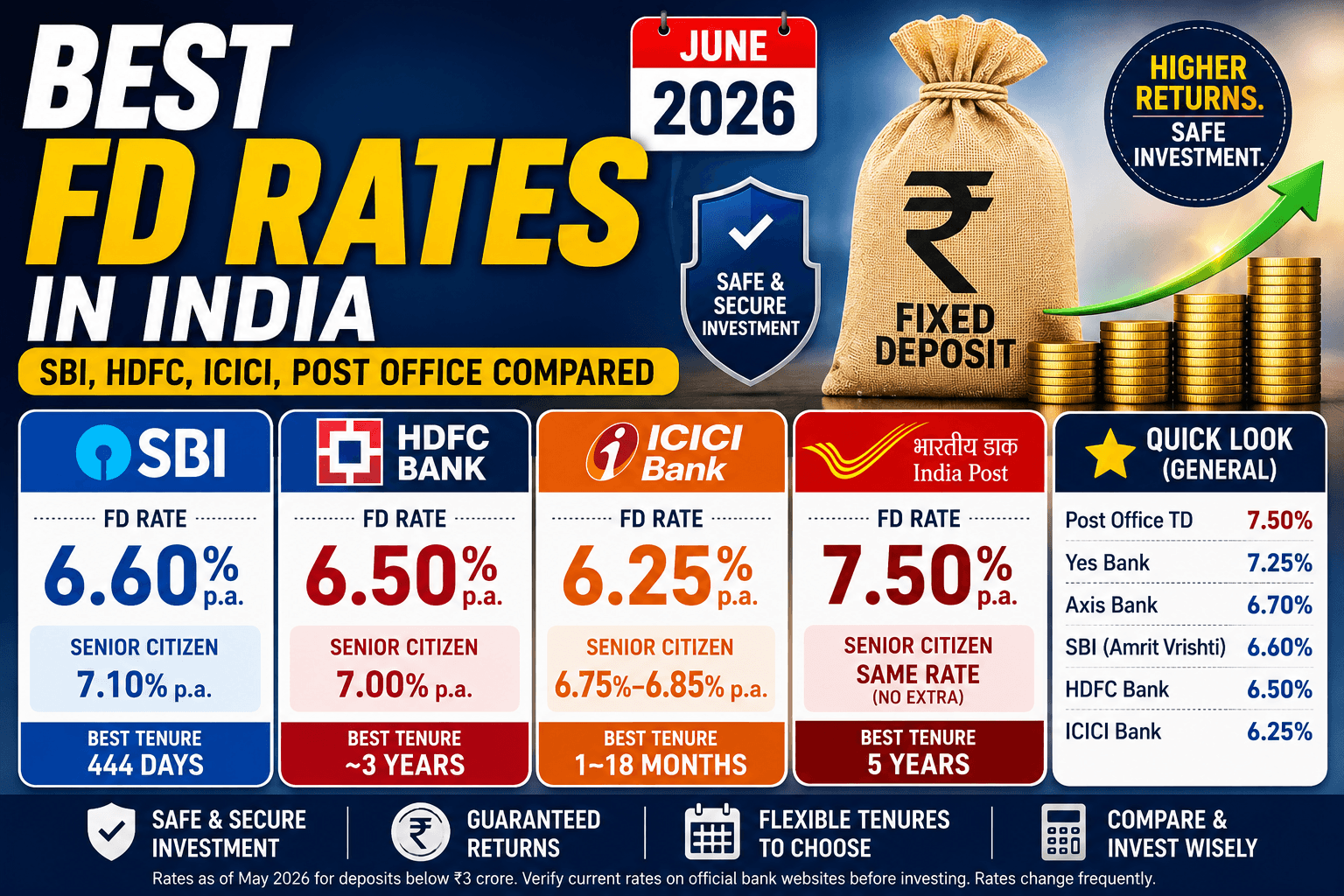 Best FD Rates in India โ June 2026: SBI, HDFC, ICICI, Post Office Compared