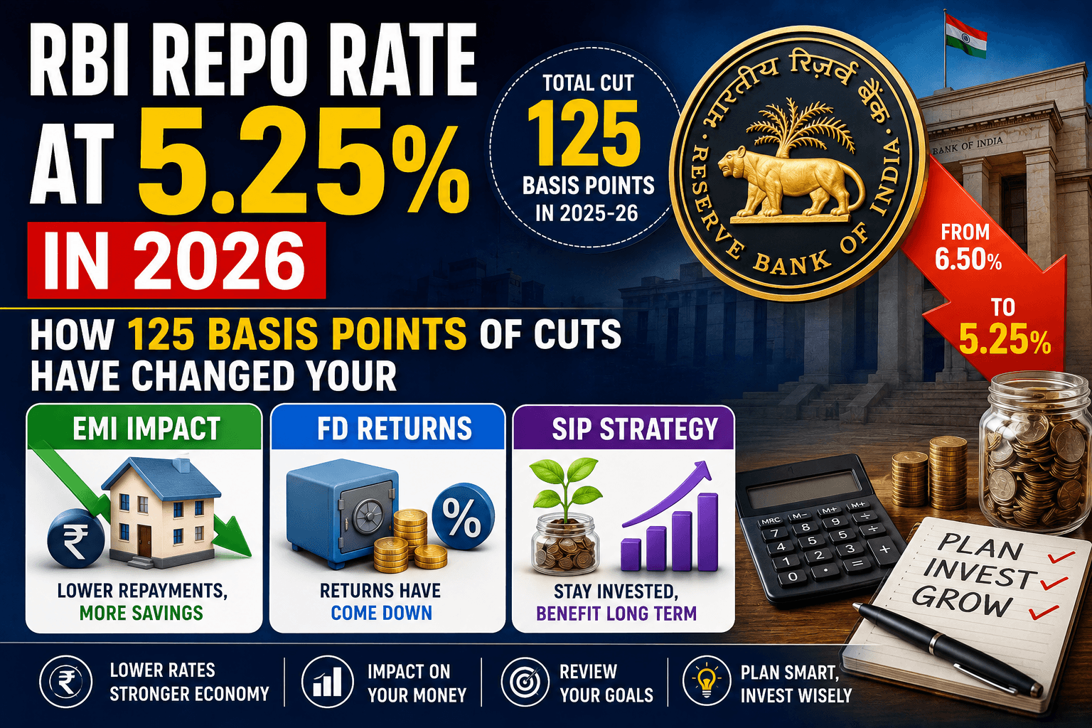 RBI Repo Rate at 5.25% in 2026: How 125 Basis Points of Cuts Have Changed Your EMI, FD Returns and SIP Strategy
