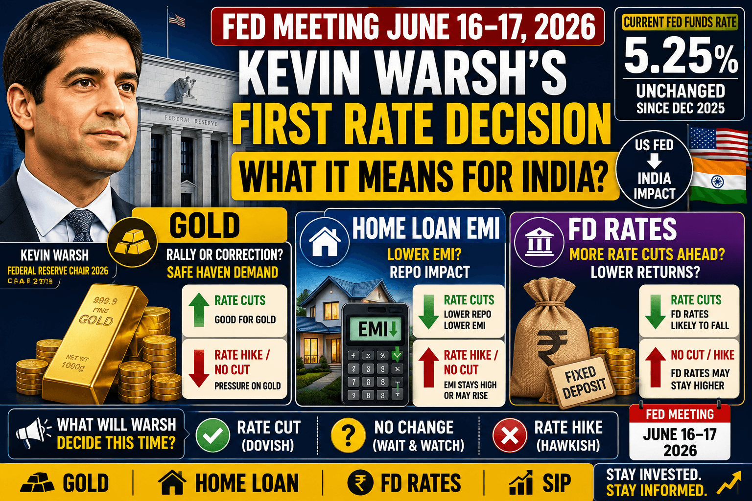 Fed Meeting June 16โ17, 2026: What Kevin Warsh's First Rate Decision Means for Gold, Home Loan EMI and FD Rates in India